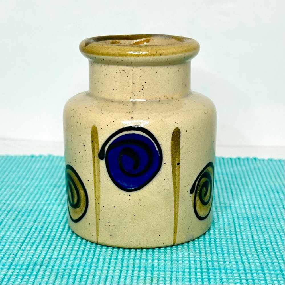 Stoneware Vase Small Made in Japan Speckled Beige Blue Spiral Hand Painted MCM